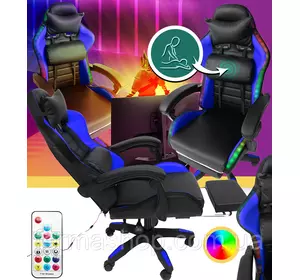 Геймерское кресло с RGB подсветкой, подушками и выдвижной подставкой для ног, Черный/Синий (G897) Геймерское кресло с RGB подсветкой, подушками и выдвижной подставкой для ног, Черный/Синий (G897)